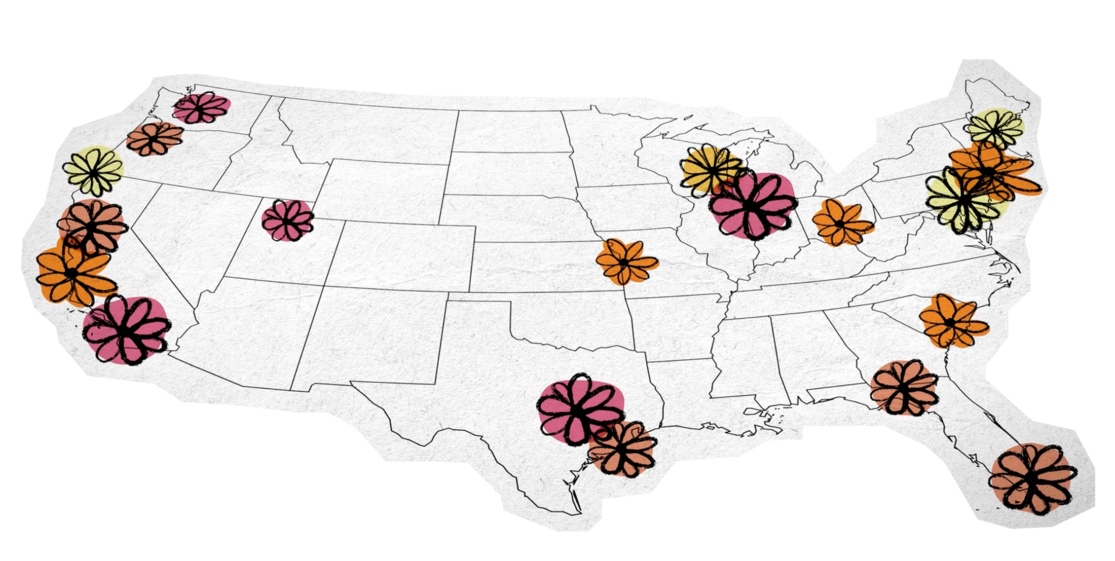 Map of US with flowers marking syringe exchanges